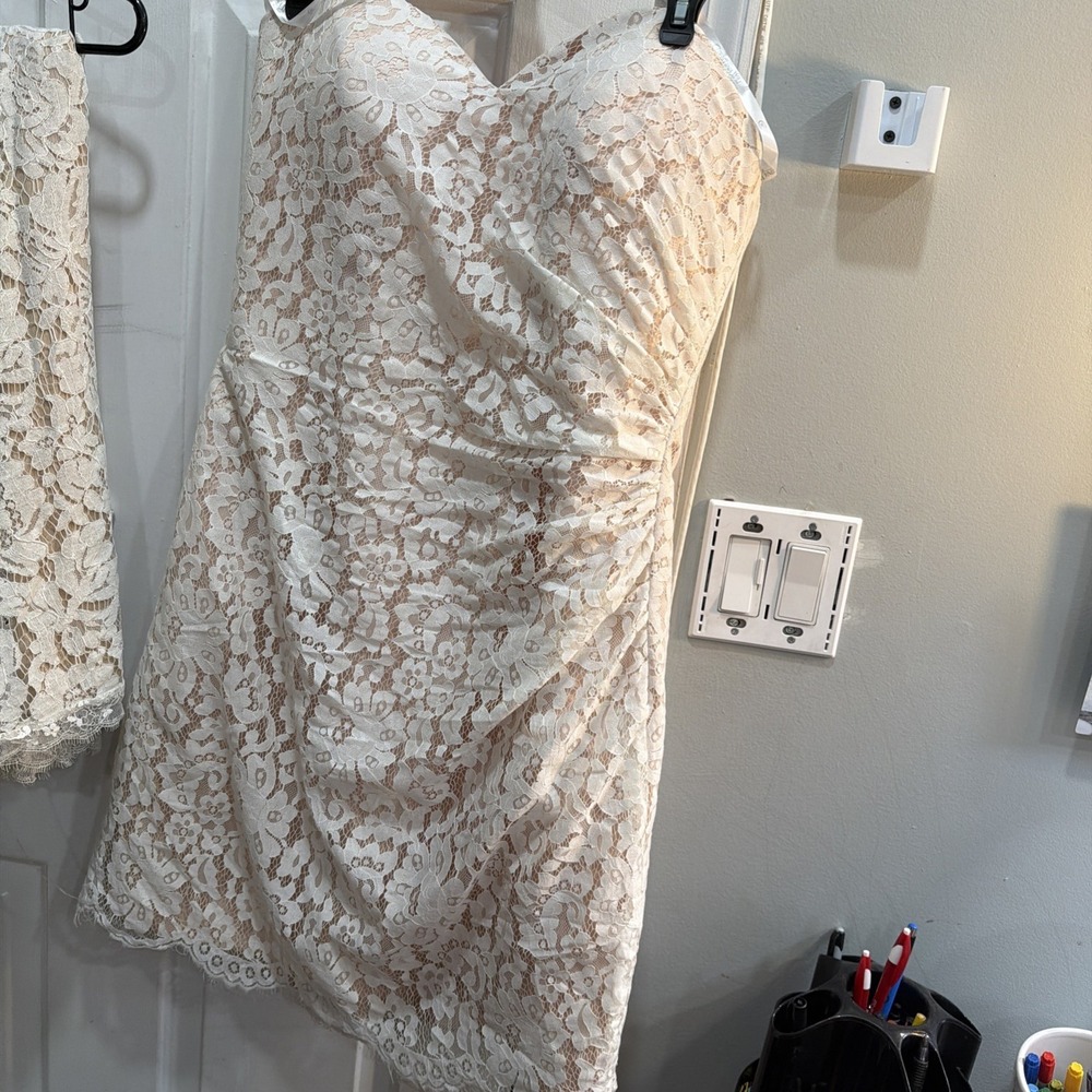 Christina Wu Amazing Allure White Crochet Lace Bodycon Midi Dress Size 14 read